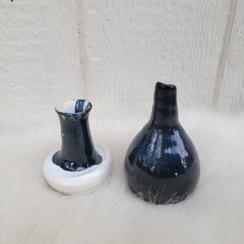 2 art studio small glazed bud vases blue /wht